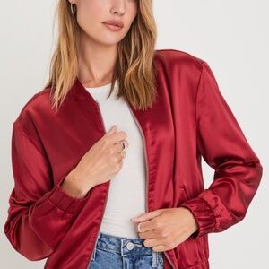 Lulus Trendy Presence Wine Red Satin Bomber Jacket - Size L